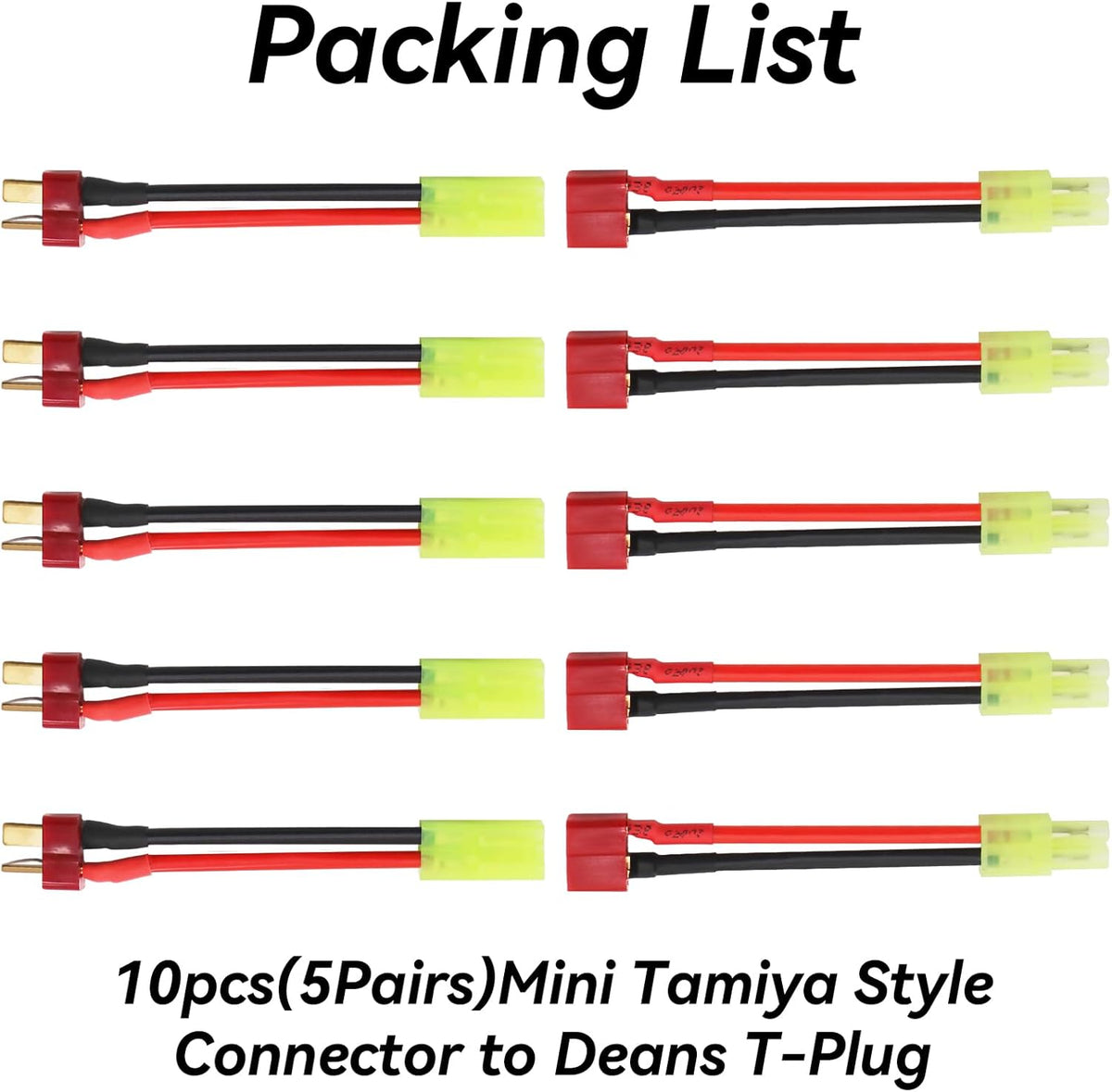 Tamiya Connector to Deans Adapter - 10 Pack 16AWG Male/Female Cable for RC Cars & Airsoft