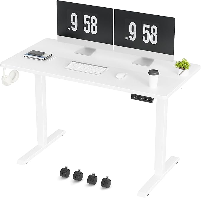 Furmax Electric Standing Desk, 47 x 24 Inches Height Adjustable Desk with Removable Casters, Home Office Computer Desk (White)