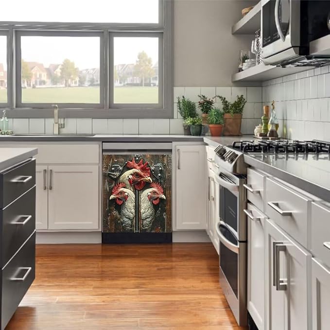 Wood Board and Rooster Painting Dishwasher Magnet Cover,Fridge,Refrigerator Magnetic Panel Decals,Home Appliances Cabinet Magnets Sticker 23W x 17H inchs