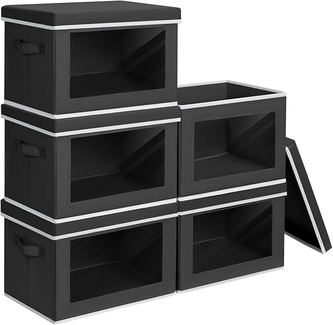 Stackable Storage Bins with Lids - Large Decorative Basket with Lids, Fabric Foldable Closet Organizer Bins, Shelf Organizer for Living Room, Dorm, 5 Pack, Black