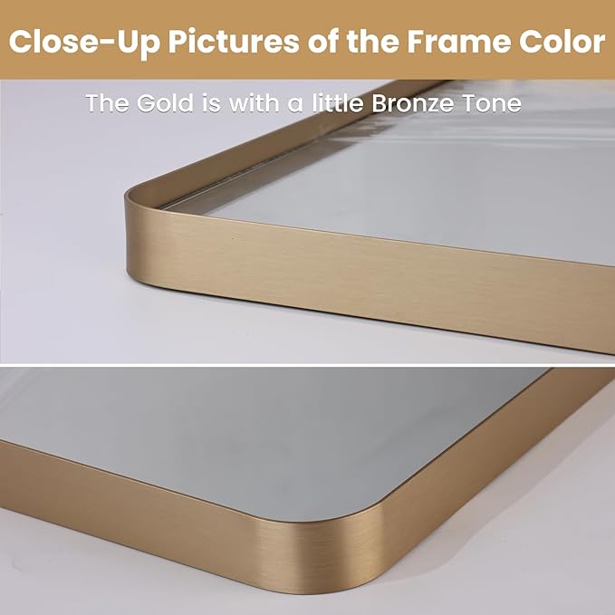 LOAAO 30”X36” Gold Bathroom Mirror, Rounded Rectangle Gold Frame Mirror
