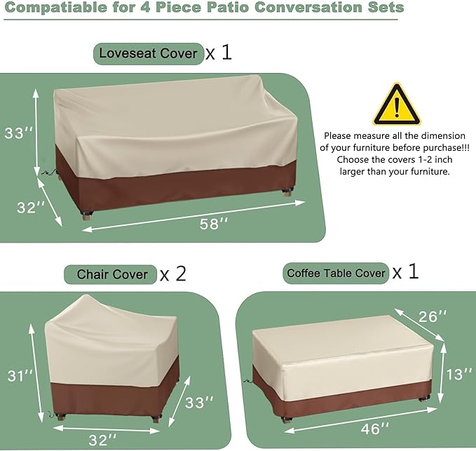 Gasadar Patio Furniture Cover Set, 4 Piece Outdoor Furniture Cover Waterproof, Lawn Patio Set Covers