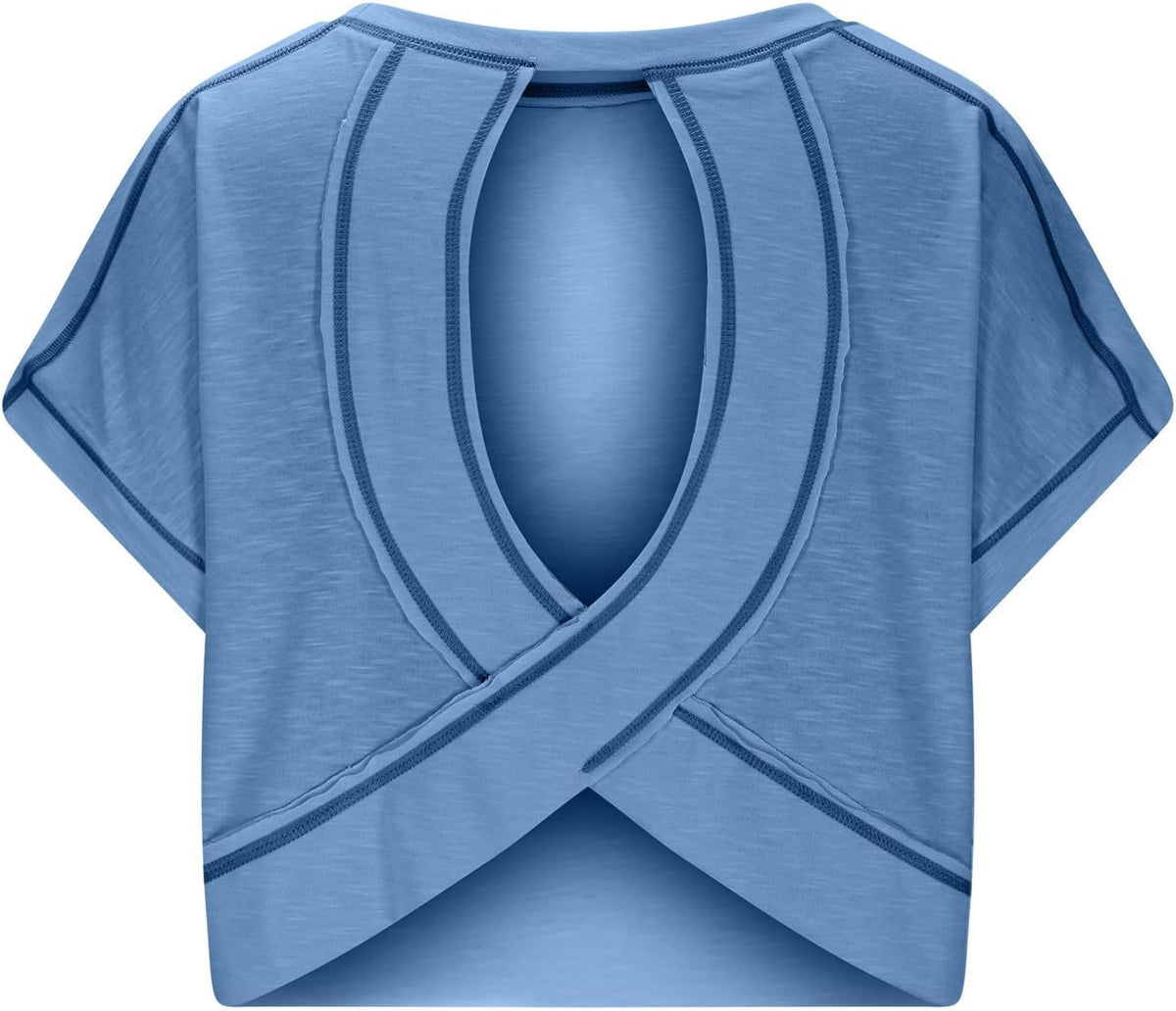Skiennix Open Back Tops for Women - Backless Workout Short Sleeve Gym Tees | Slouchy Crop Design
