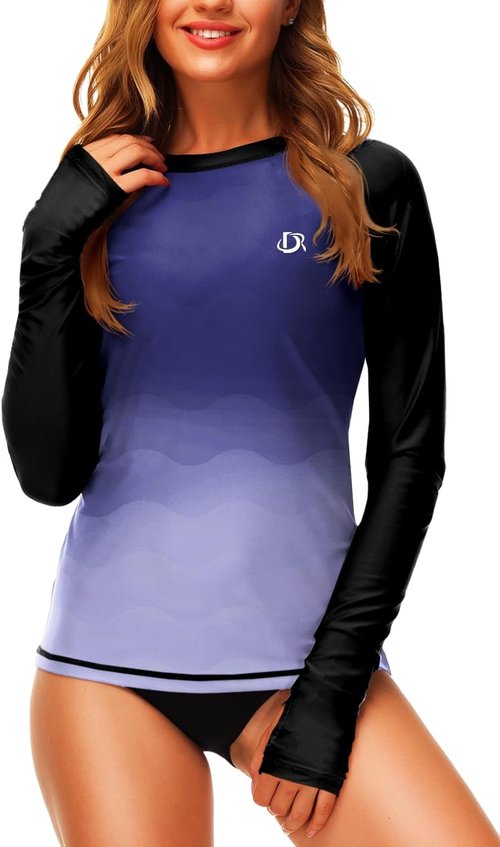 Deerose Women's Gradient Rash Guard - UPF 50+ Swim Shirt with Thumb Hole for Surfing