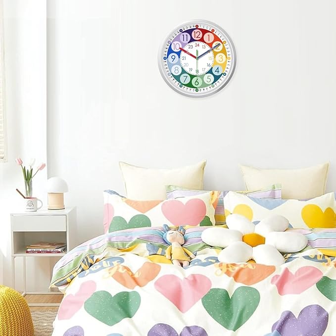XFM Colorful Kids Wall Clock 14 Inch Silent Wall Clocks Battery Operated