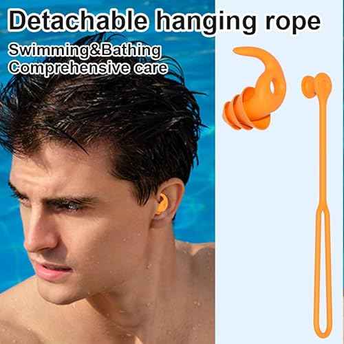 Swimming Ear Plugs for Adults,3 Pairs Anti-Lost Waterproof Reusable Silicone Swim Earplugs for Swimming Showering Surfing Snorkeling (Black,Blue,Cyan, Adults Size)