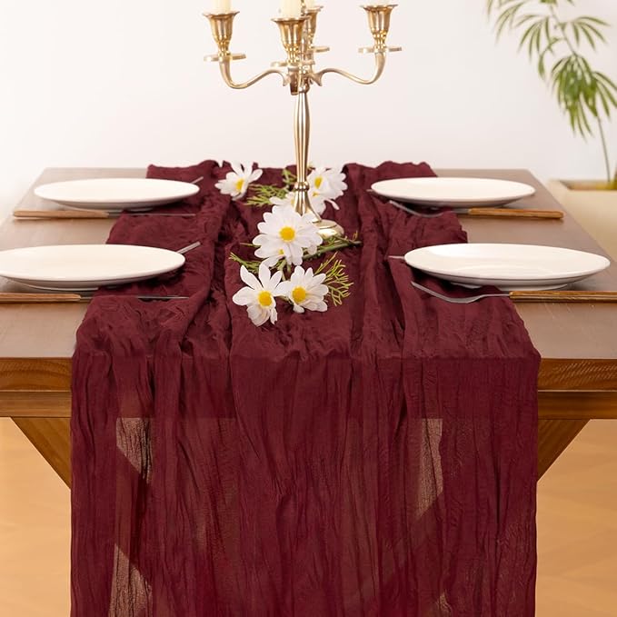 Socomi Burgundy Red Christmas Table Runner 10pcs Cheesecloth Boho Rustic Gauze 120 inch 10FT Cheese Cloth Runner for Wedding Party Baby Shower Birthday Home Decor Holiday Decorations