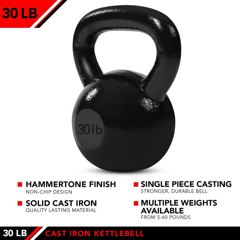 JFIT Cast Iron Kettlebell – Single Weight, Flat Bottom, Polished Handle | Men & Women | CrossFit, Cardio & Strength Training - 30 lbs
