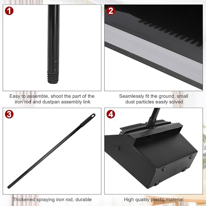 Leumoi 8 Pcs Dust Pans with Long Handle Set 36.6 Inch Commercial Dust Pan with Comb Large Plastic Stand up DustPans for Outdoor Indoor Restaurant Home Office Floor Cleaning (Black)