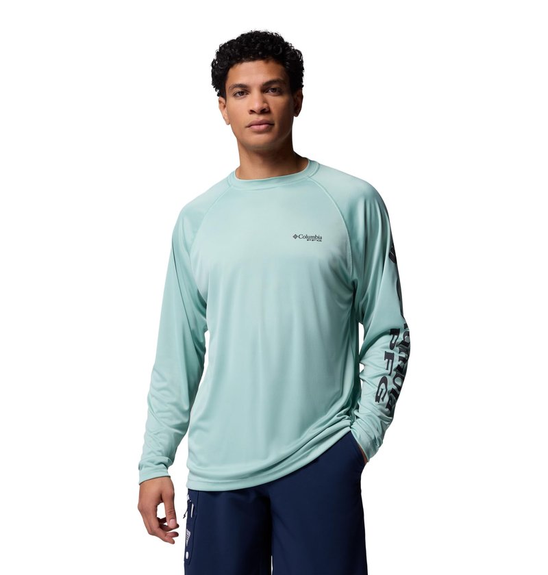 Columbia Men's PFG Terminal Tackle Long Sleeve Fishing Shirt, Misty Jade/Shark Logo, 3X