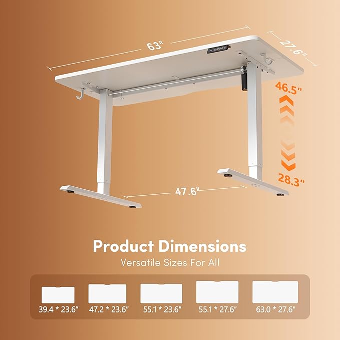 FEZIBO Standing Desk, 63×28 Inches Electric Height Adjustable, Sit Stand Up, Computer Office Desk with Splice Board, While Frame/While TOP