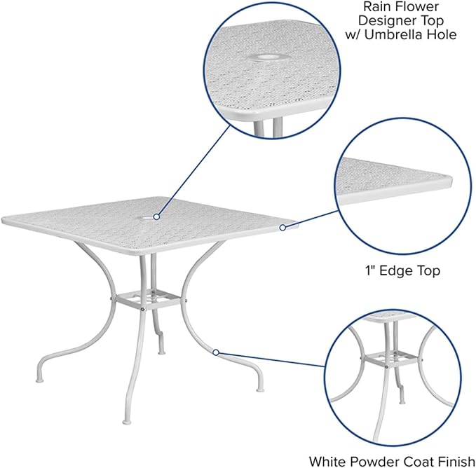 Flash Furniture Oia Commercial Grade 35.5" Square White Indoor-Outdoor Steel Patio Table with Umbrella Hole