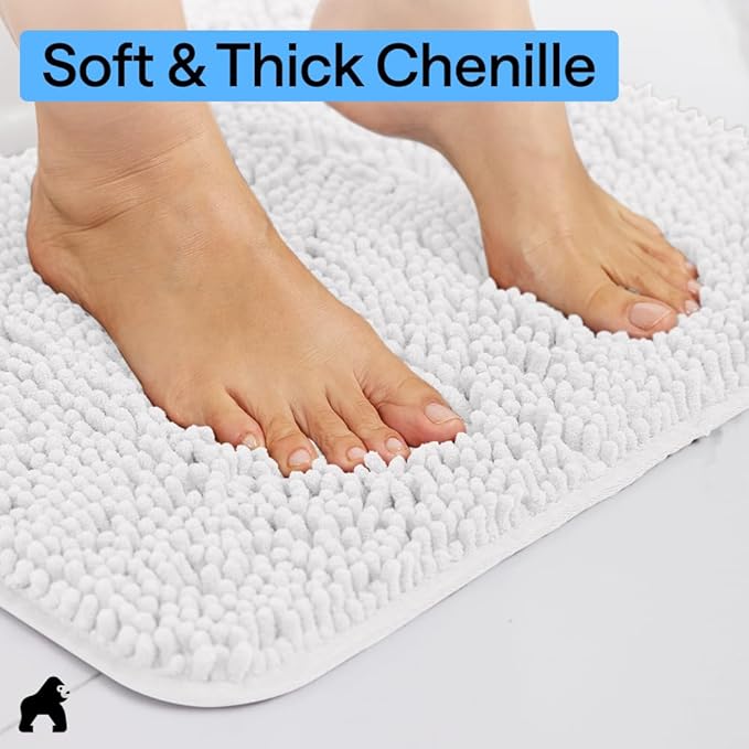 GORILLA GRIP Bath Rug Mat 60x17, Thick Soft Absorbent Chenille, Quick Dry Microfiber Mats, Rubber Backing Washable Shower Floor Rugs, Bathmat Runner, US Designed Bathroom Home Decor Accessories White