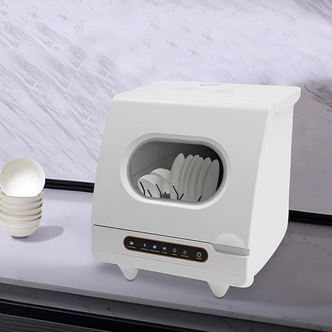 Portable Tabletop Dishwasher, 800W Dishwasher with 5 Washing Programs, Compact Dish-washer with 360° Rotating Spray, High-Temperature Water+Hot Air Circulation Drying, for Home, Apartments& RVs, White