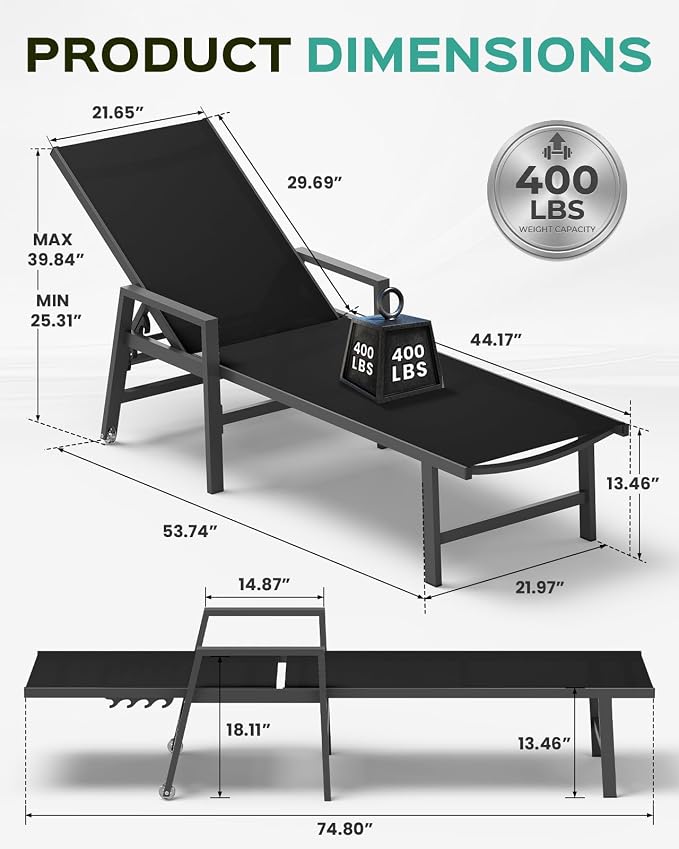 Patio Chaise Lounge Chair Outdoor with Wheels&Armrests, Aluminum Pool Lounge Chairs Set of 2 Five-Position Adjustable Recliner, Outdoor Beach Lounge Chairs for Outside, Patio, Deck, Yard, Black
