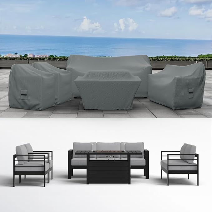 Covers & all Patio Furniture Cover Set, 5 Piece Outdoor Furniture Covers, Water-Repellent UV & Weather-Resistant Covers for Sofa, Loveseat, Chairs & Coffee Table with Elastic Tie-Down & Padded Handles