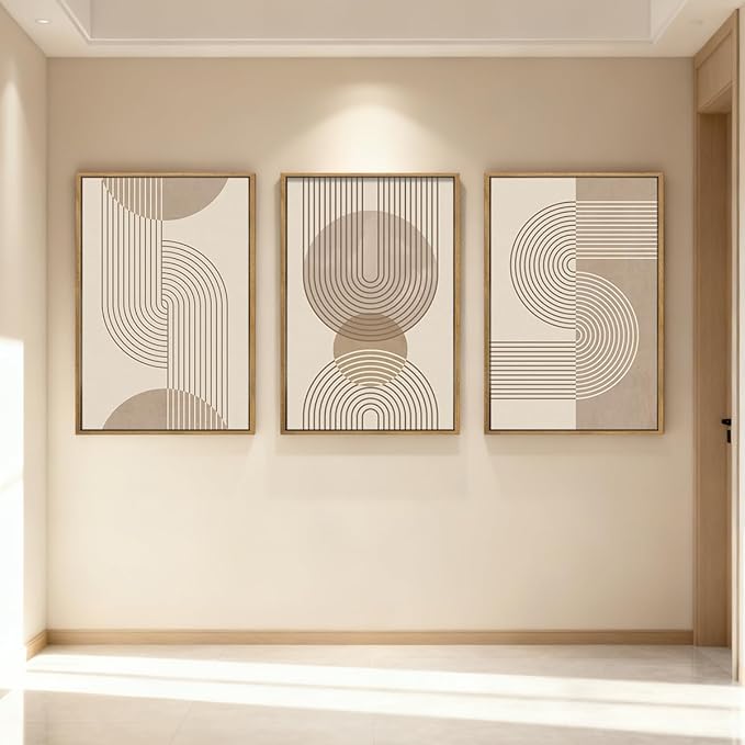 Anyzal Extra Large Boho Neutral Abstract Framed Wall Art 24x36 Inch Beige Modern Minimalist Canvas Wall Decor Mid-century Geometric Artwork for Living Room Bedroom Set of 3