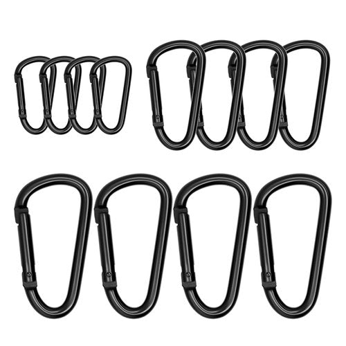 All Black Carabiner Clip Assorted Sizes, Includes 2 Inch Carbineers, Small 2.3" D Ring Clip, Large 3 Inch Carabiner Heavy Duty, Aluminum Caribiner Keychain Hook for Backpack Camping(Black-Comb 12pcs)