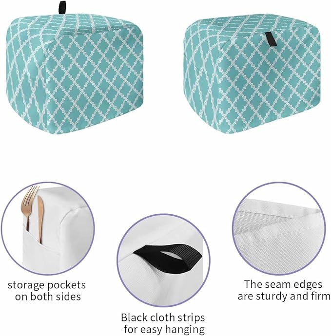 Toaster Cover 2 Slice Moroccan Pattern Toaster Oven Cover with Pockets Geometric Trellis Cyan Blue Dustproof Bakeware Protector Small Kitchen Appliance Dust Covers and Fingerprint Protection for Women