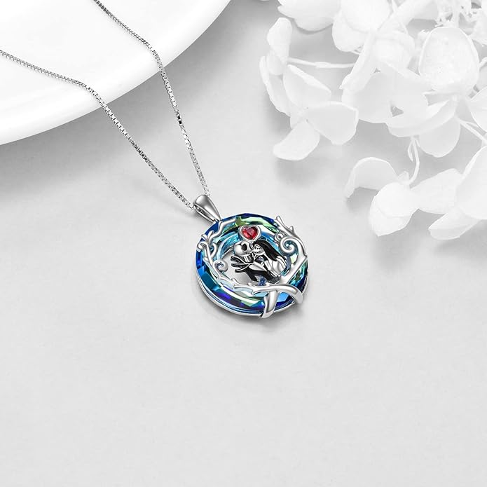 LILALO Christmas Gifts Nightmare Necklace Sterling Silver Abalone Shell Crystal Jack and Sally Necklace Jack Skellington Skull Jewelry Skull Necklaces for Women