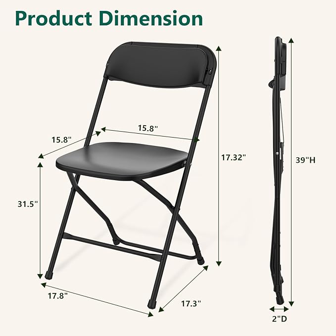 6 Pack Black Plastic Folding Chairs, Outdoor Portable Folding Chair with Steel Frame, 350lbs Capacity Stackable Foldable Chairs for Patio, Garden, Picnic, Kitchen, Events