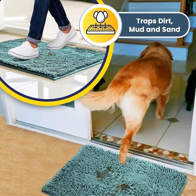 Muddy Mat® | Super Water Absorbent Door Mat Indoor, Microfiber Quick Dry Chenille Entryway Rug, Slip Resistant Front Door Mat, Indoor Mats for Entryway, Machine Washable Pet Rug, Sea Green 36" x 46"
