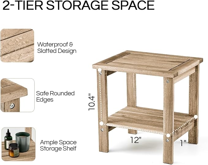 THYOI Premium Acacia Wood Outdoor Side Table, Adirondack Square Patio End Table with 2-Tier Storage Shelf, Weather-Resistant Small Table for Porch, Garden, Backyard, Poolside (White)