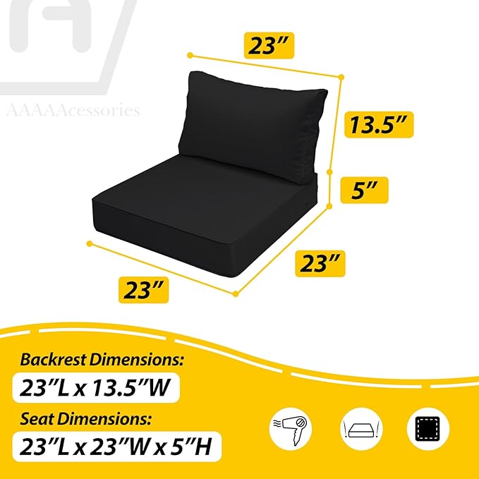 AAAAAcessories Outdoor Seat Cushions for Chairs, Fade-Resistant, Waterproof Patio Furniture Replacement Cushions, 23" x 23" x 5" + 23" x 13.5", Charcoal Black