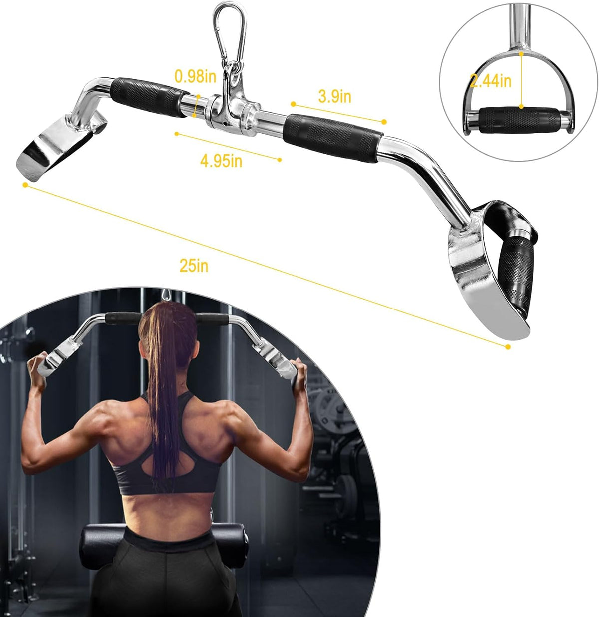 Skiennix LAT Pulldown Bar - Heavy Duty V-Shaped Cable Machine Attachment with Rubber Handgrips