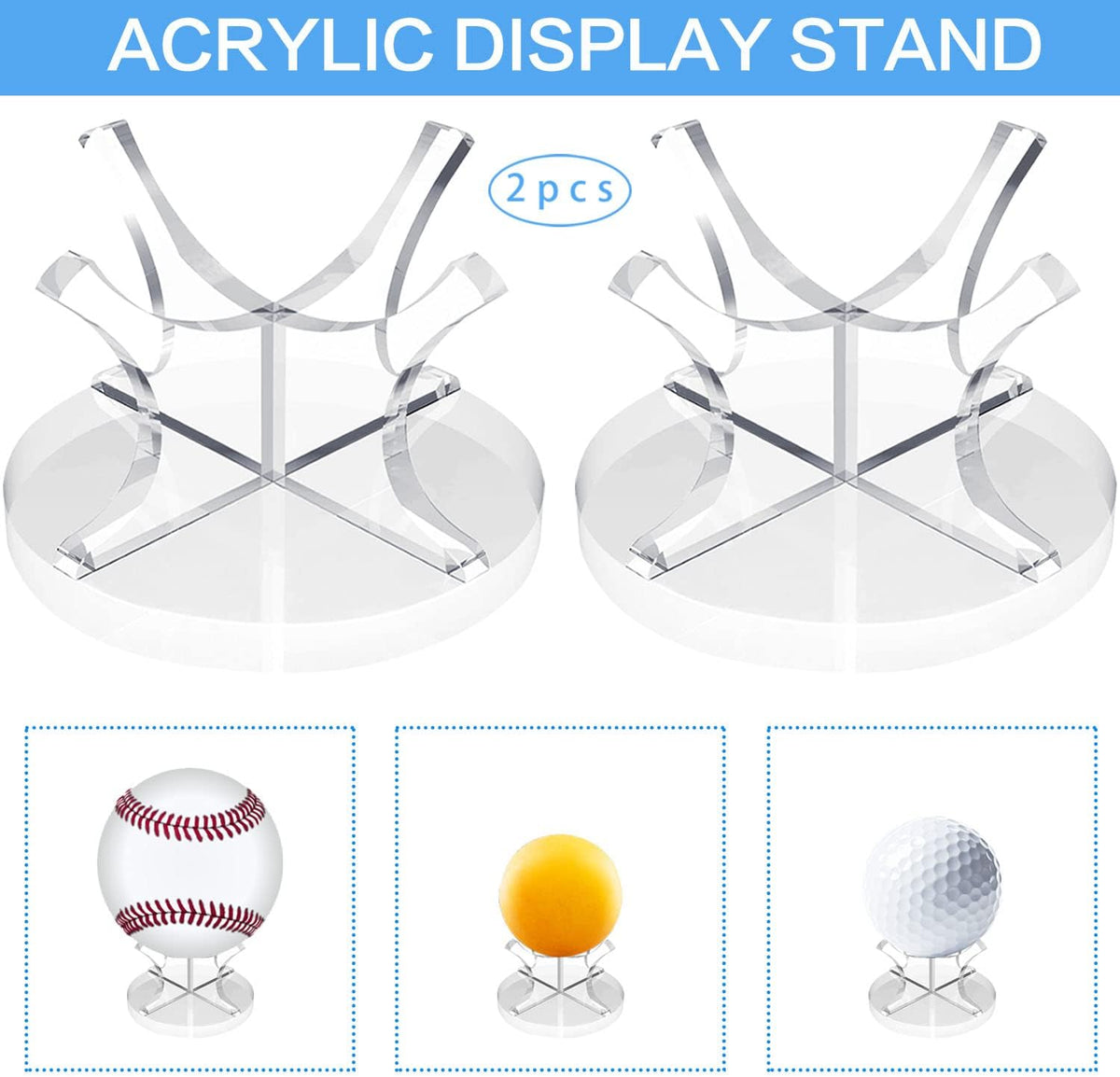Skiennix Acrylic Baseball Stands - 2 Pack Display Racks with Non-Slip Rubber Pads for Sports Balls