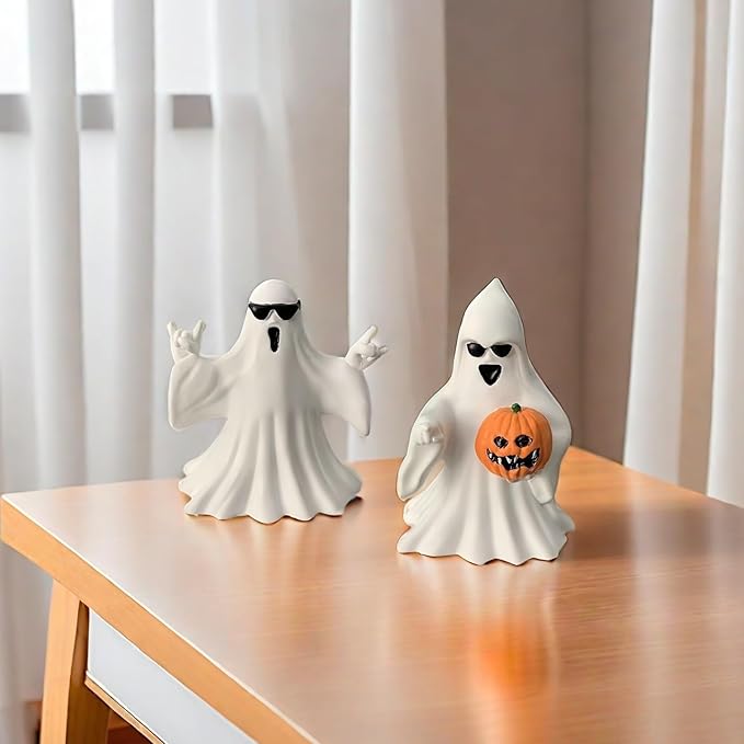 Halloween Ghost Figurine - Spooky Resin Ghost Statue, Cute Finger Ghost Ornaments, Perfect for Indoor & Porch Halloween Decor (Ghost with Pumpkin)