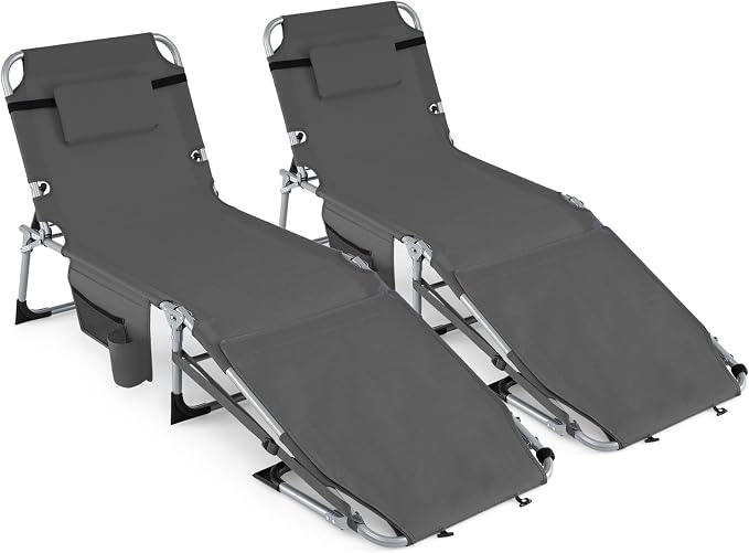 GYMAX Tanning Chair, 3 in 1 Sun Bathing Lounge Chairs with Face/Arm Holes & Side Pocket, Portable Lightweight Face Down Layout Tanning Chair for Outside, Beach, Backyard, Poolside (2, Gray)