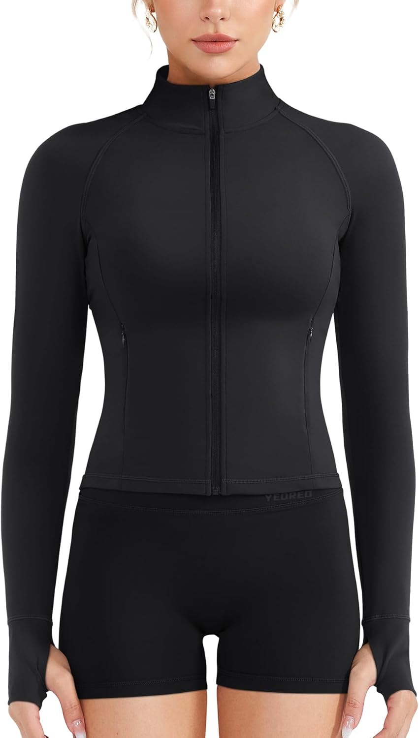 YEOREO Women's Full Zip Workout Jacket - Athletic Cropped Design with Pockets & Thumb Holes
