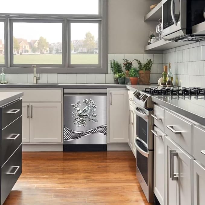 Stainless Steel Design Bird Painting Dishwasher Cover Magnetic Sticker Refrigerator Door Panel Cover Fridge Appliance Magnet Decal Sheet 23x17 inch
