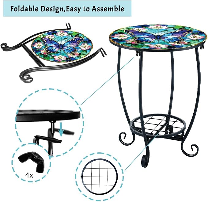 Outdoor Metal Side Table 13.3" W x 16.9" H Small Round Patio Table Printed with Butterfly Pattern for Balcony,Terrace,Garden