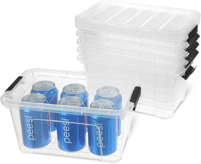 Plastic Storage Bins with Lids 6 Pack, 7 Quart Storage Containers With Black Buckle Latch, Stackable Storage Organizers for Home Pantry Office Classroom Organization, Clear