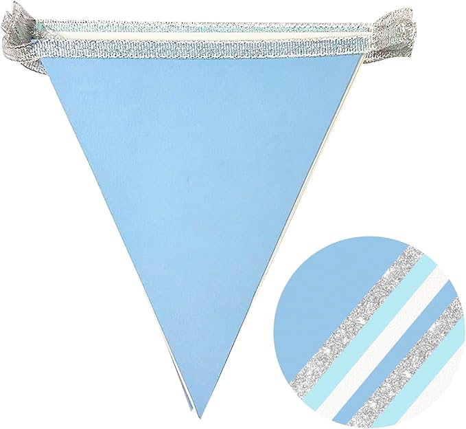 Dusty Blue Silver White Party Decorations Pennant Banner Flag Hanging Glitter Triangle Bunting for Birthday Baby Shower Graduation Bridal Shower Wedding Engagement Nautical Ahoy Achor Party Supplies