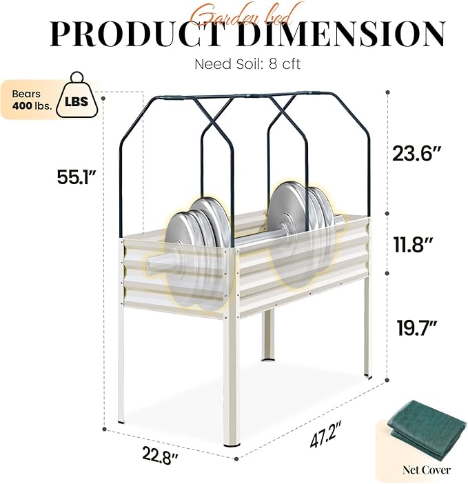 King Bird Large Raised Garden Bed with Netting Galvanized Elevated Planter Box with Legs 48×24×56 in for Backyard, Patio, Balcony, 400lb Capacity, Beige