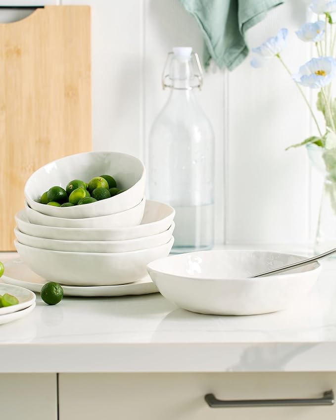 Famiware Porcelain kitchen plates and bowls set, Modern dishes set for 6, Handmade Wave Edge Dinnerware Sets, Microwave and Dishwasher Safe Tableware, Polar White (24pc)