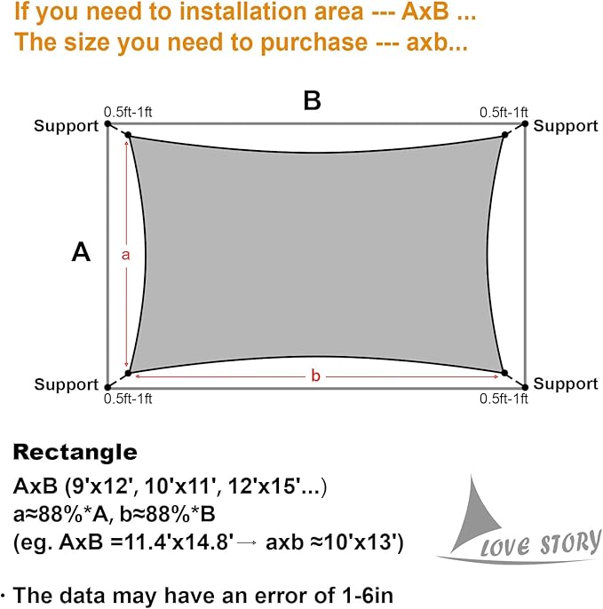 LOVE STORY Custom Size 10'x15' Dark Grey Sun Shade Sail Rectangle UV Block Canopy Patio Sail Sunshades Fabric for Outdoor Garden Carport (We Make Custom Size)