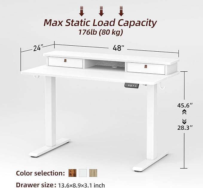 TIQLAB Standing Desk with Two Drawers, Stand Up Standing Desk Adjustable Height, Electric Sit Stand Table with Storage Shelf and Splice Board, 48 * 24 inch, White