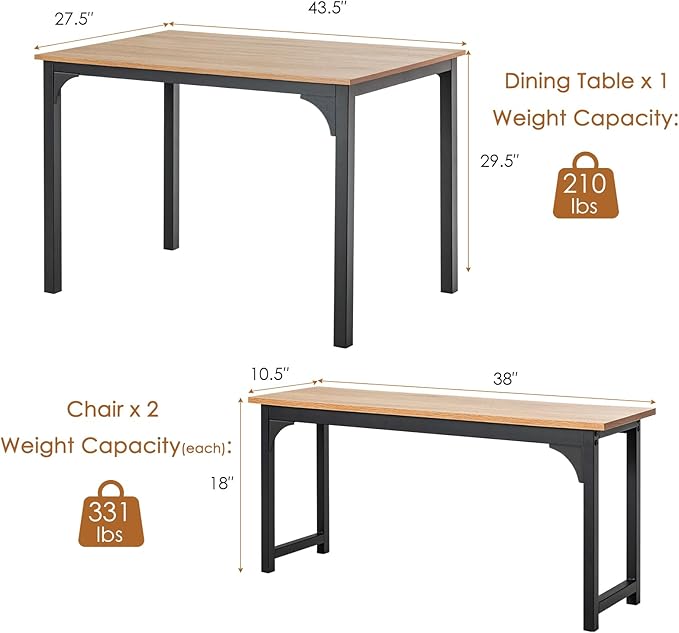 NAFORT 3-Piece Modern Dining Table Set for 4, 43.5" x 27.5" x 29.5", Black, Space-Saving with Under-Bench Storage, MDF Wood & Metal Frame, Ideal for Home & Restaurant