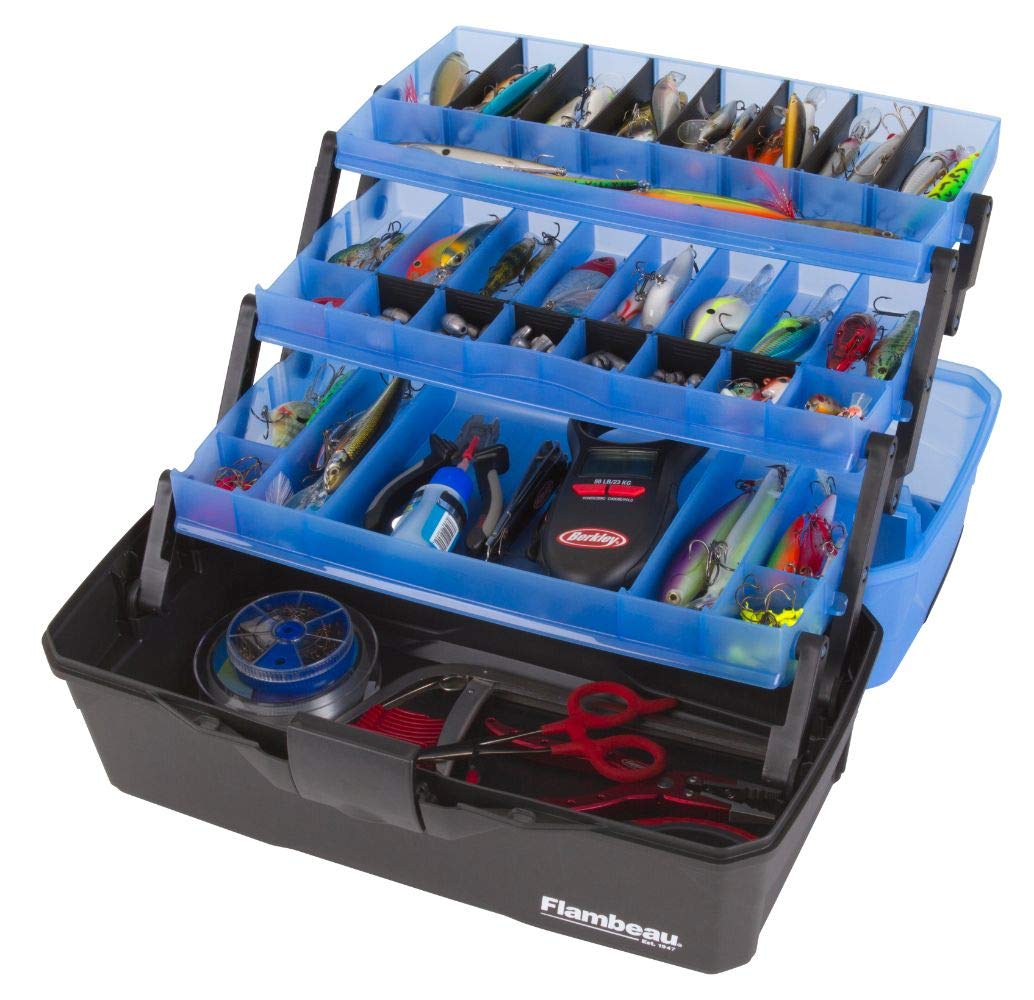 Flambeau Outdoors 6383FB 3-Tray Tackle Box - Classic Fishing Lure Storage Organizer, Large Portable Tackle Box, 32 Tray Compartments, Frost Blue/Black