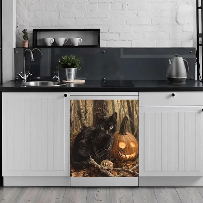 Generic Black Cat & Pumpkin Dishwasher Face Cover, Decorative Happy Halloween Stickers - Skull, Forest Fridge Door Cover, 23Wx26H