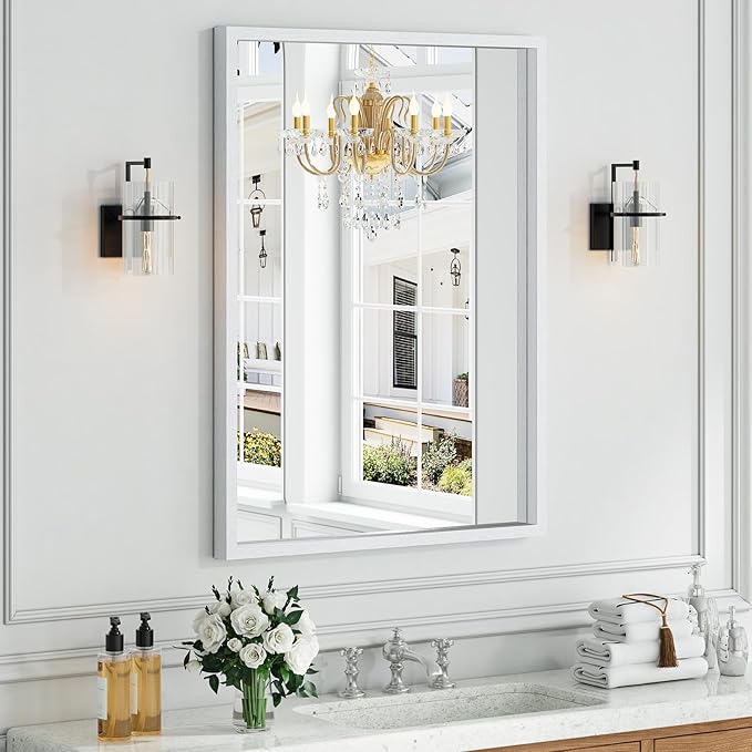 Syndra White Wood Frame Bathroom Mirror, Waterproof Slim Deep Frame,