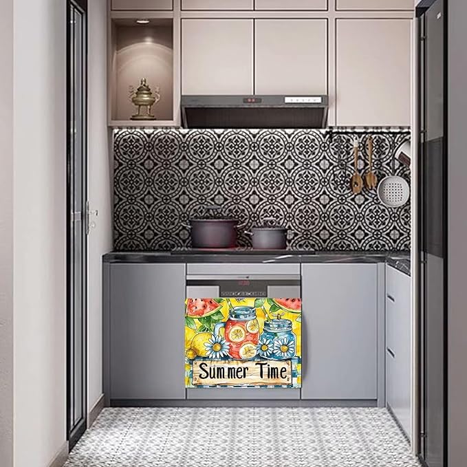 Summer Time Kitchen Decor Dishwasher Magnet Cover, Watermelon Lemonade Magnet Refrigerator Cover Panel Decal, Daisy Home Cabinet Sticker Bee Fridge Magnet Sticker 23" W x 17" H Magnetic