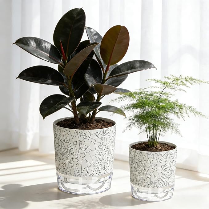 6 Pack Self Watering Pots for Indoor Plants, 4+5.5+6.3 Inch Self Watering Plant Pots Set, Flower Pots with Wick Rope and Reservoir for African Violet, Spider Plant, Orchid - Crack Texture