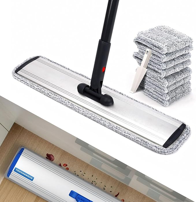 24in Flat Mop for Cleaning Floors, Heavy-Duty Microfiber Wet Mop with Easy Wringing & Deep Cleaning, Includes 4 Reusable Mop Cloths and Adjustable Long Handle