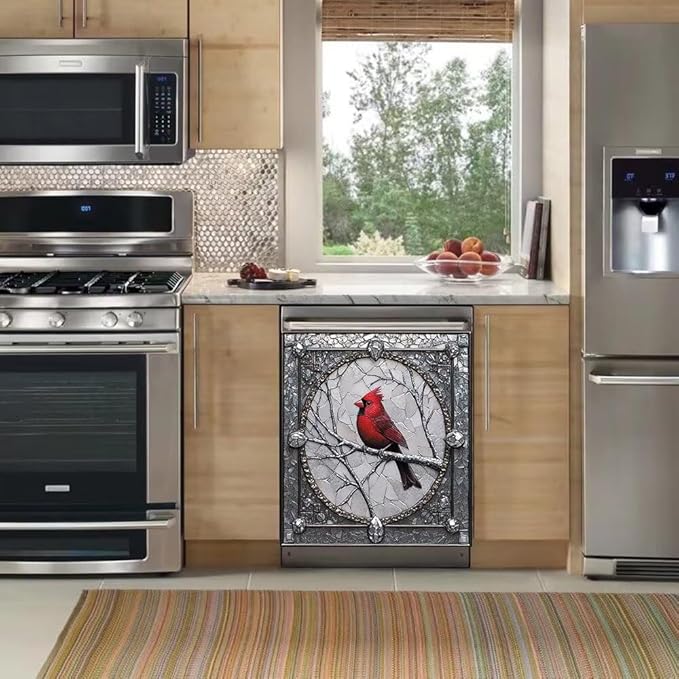 Cardinal Magnet Dishwasher Door Cover Retro Silver Gray Vinyl Panel Decal, Refrigerator Magnetic Skins Cover Reusable Dishwasher Sticker, 23" x 26" Magnetic