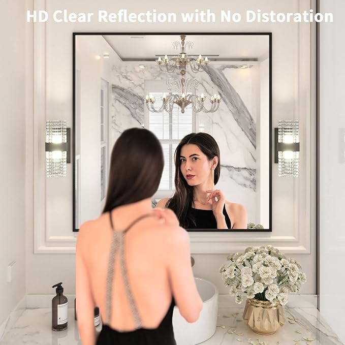 LOAAO 36"X36" Black Rectangle Bathroom Mirror Wall, Matte Black Aluminum Alloy